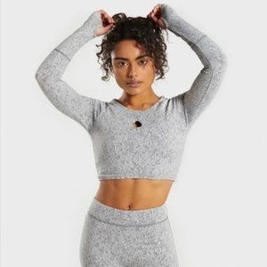 Gymshark Size XL Fleur Texture Gray Marl Long Sleeve Keyhole Crop Top At…